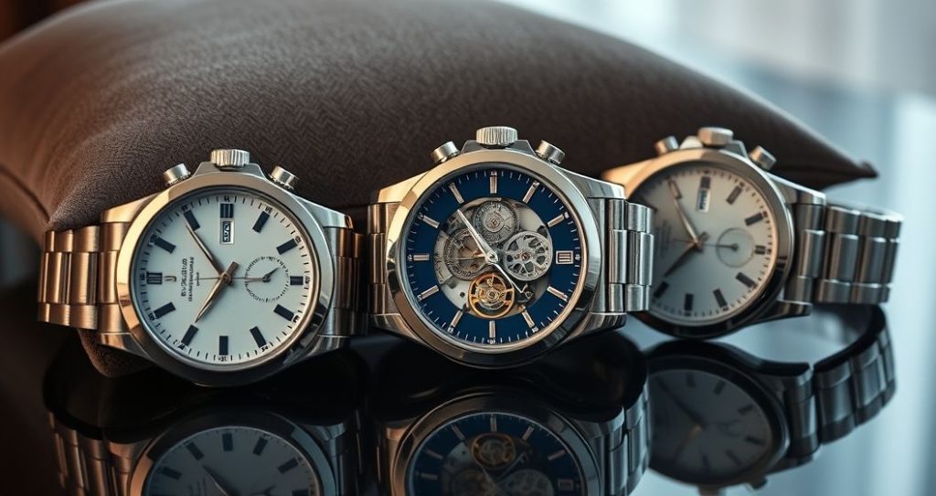 AI generated (Gemini + Flux) featured image for: ETA Mekanizmalı Replika Saatler: Koleksiyonculuğun Anahtarı (Prompt: A **cinematic close up product photography** image showing **three exquisitely detailed replica watc)