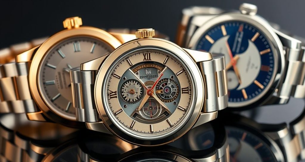 AI generated (Gemini + Flux) featured image for: ETA Mekanizmalı Yüksek Kalite Replika Saatler: Koleksiyoncu Rehberi (Prompt: A high resolution, photorealistic macro photograph showing three exquisite replica watches, meticulo)