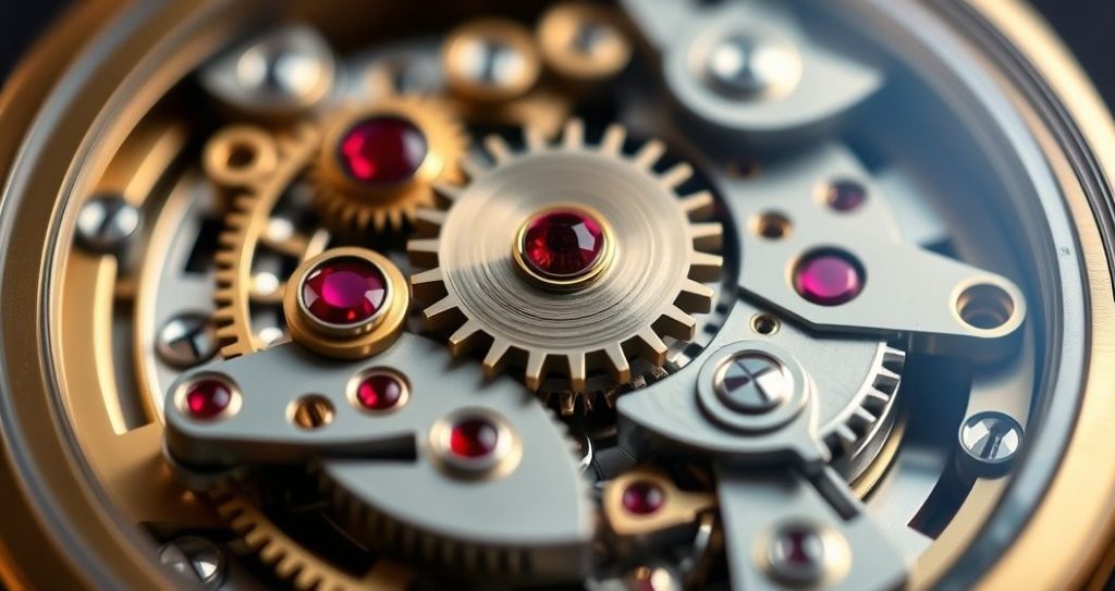 AI generated (Gemini + Flux) featured image for: ETA Mekanizması: İsviçre Saatçiliğinin Kalbi ve Kalite Standardı (Prompt: A hyper realistic macro photographic image showing an intricate Swiss ETA mechanical watch movement.)