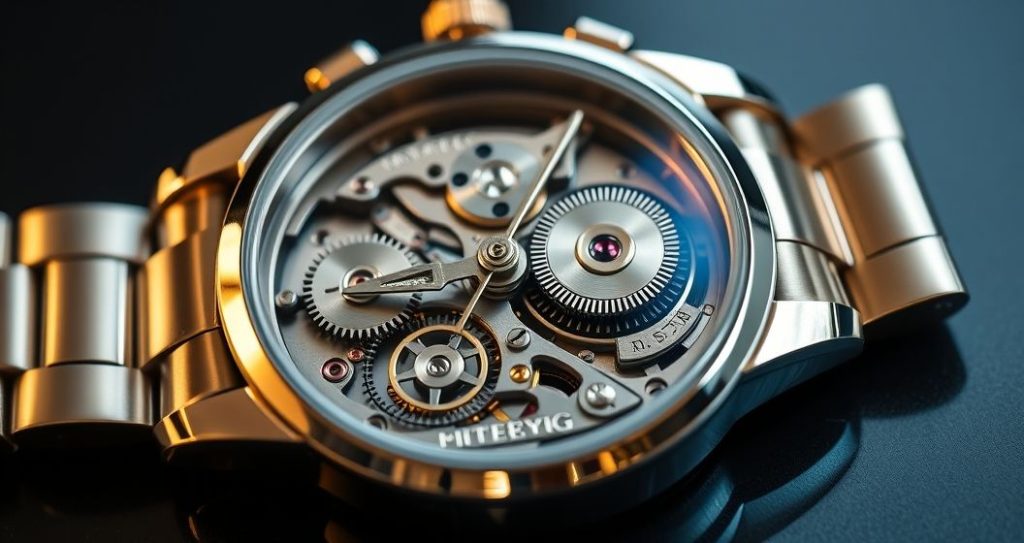 AI generated (Gemini + Flux) featured image for: ETA Saatler: Yüksek Kalite Replika ve İsviçre Mekanizması (Prompt: A high end studio product photography image showing a luxurious, gleaming replica wristwatch partial)