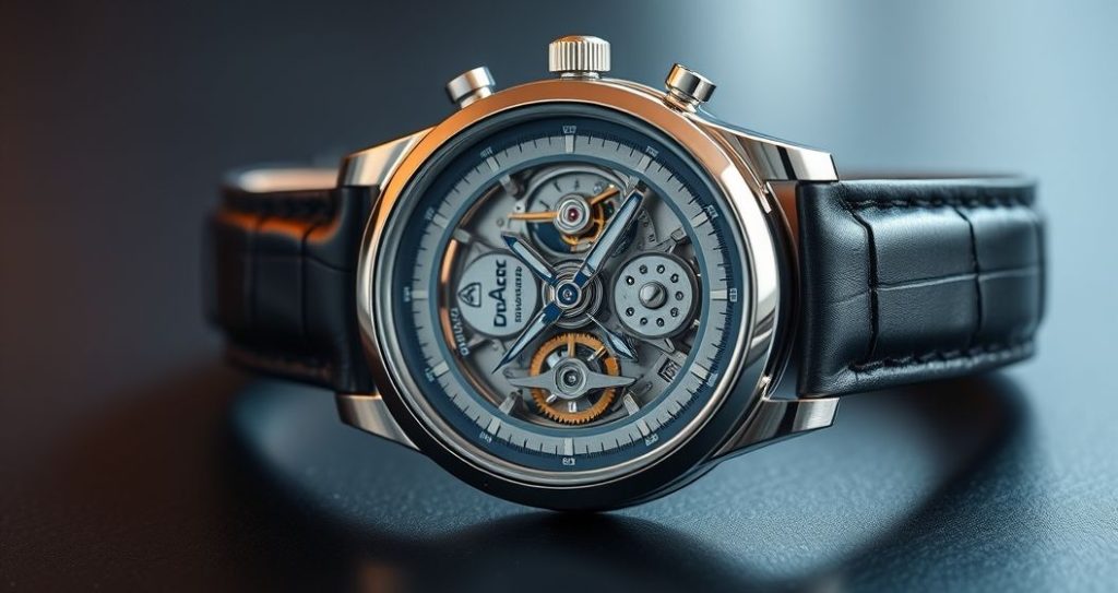 AI generated (Gemini + Flux) featured image for: Erkek Lüks Saat Seçimi: Otomatik Mekanizma ve Safir Cam Rehberi (Prompt: A high end product photography image showing a luxurious men's automatic watch in a detailed close u)