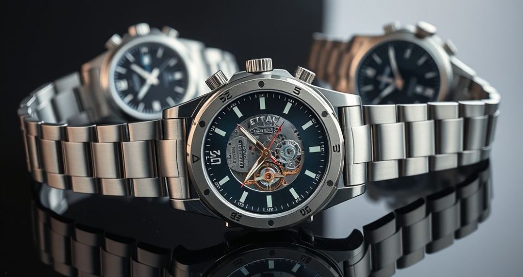 AI generated (Gemini + Flux) featured image for: Erkekler İçin Otomatik Saat Seçimi: Paslanmaz Çelik ve ETA Gücü (Prompt: A luxurious product photography image showing several automatic stainless steel watches strategicall)