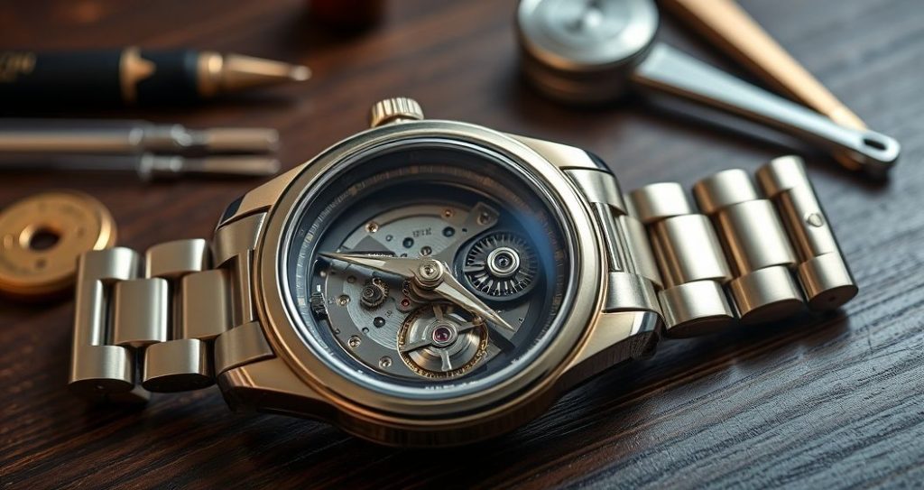 AI generated (Gemini + Flux) featured image for: Eta Mekanizmalı Lüks Otomatik Saatler: Bakım ve Zarafet (Prompt: A high resolution product photography image showing a luxurious automatic wristwatch. A close up rev)