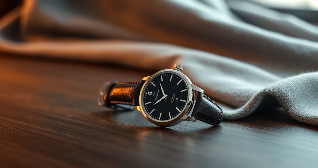 AI generated (Gemini + Flux) featured image for: Eta Otomatik Saat: Günlük Şıklıkta Kalite ve Konfor (Prompt: A high resolution, luxury product photography image showcasing an elegant Eta automatic watch. The w)