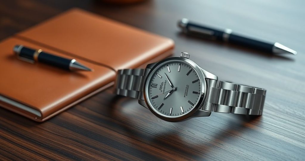 AI generated (Gemini + Flux) featured image for: Günlük Kullanım İçin Eta Otomatik Saatler: Şıklık ve Güven (Prompt: A **clean, sophisticated product photography** image showing **a classic, brushed stainless steel au)