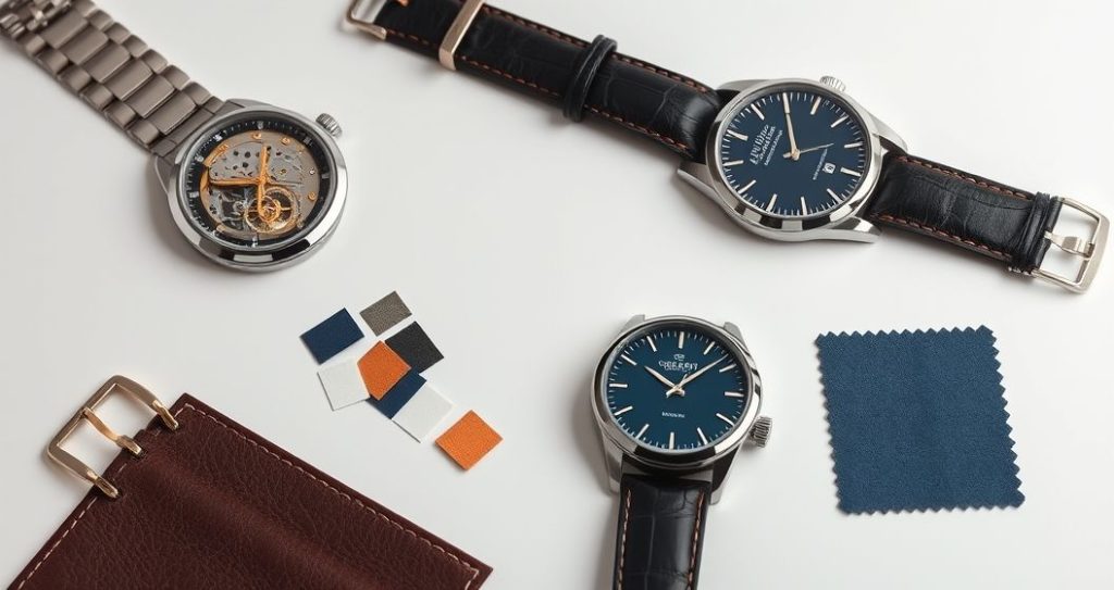AI generated (Gemini + Flux) featured image for: Günlük Otomatik Saat Seçimi: Mekanizma & Malzeme Rehberi (Prompt: A clean studio photography image depicting a curated selection of automatic watches in a flat lay co)