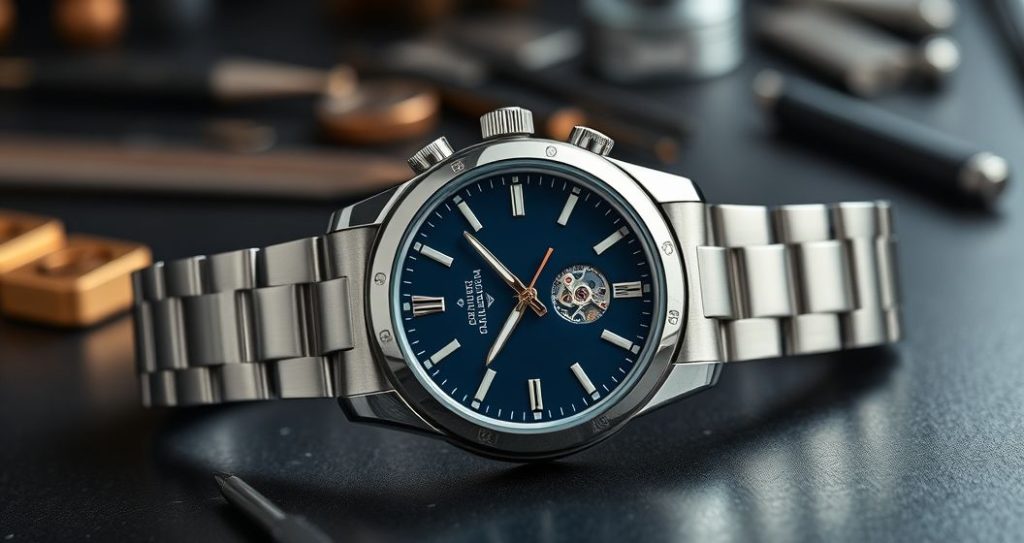 AI generated (Gemini + Flux) featured image for: İsviçre Harikası ETA: Lüks Erkek Saatlerinde Kalite ve Bakım (Prompt: A hyperrealistic studio photograph showing a luxurious men's automatic wristwatch on a dark, polishe)