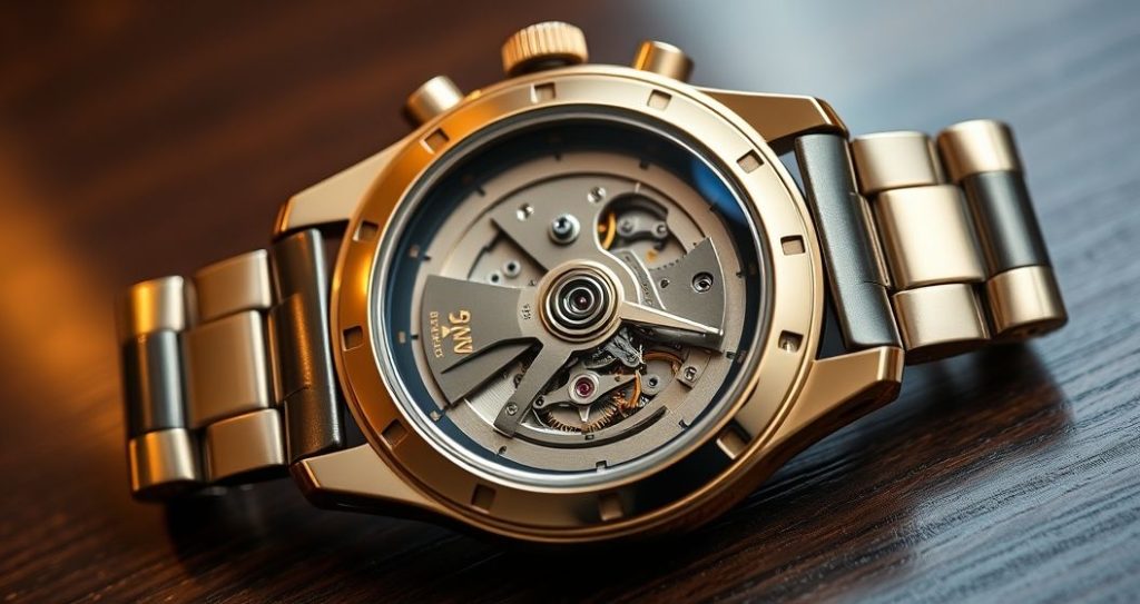 AI generated (Gemini + Flux) featured image for: İsviçre Mekanizmalı Lüks Saatlerin Sırrı: Koleksiyonculuk ve Eta (Prompt: A macro photograph image showing a meticulously crafted Swiss luxury wristwatch. Its sapphire case b)