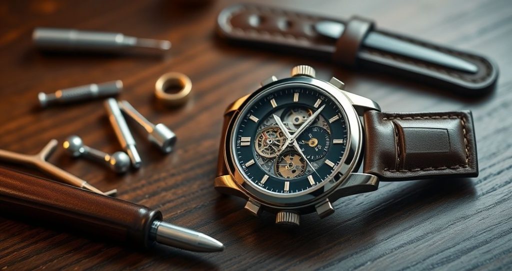 AI generated (Gemini + Flux) featured image for: İsviçre Otomatik Saatler: Bakım ve Prestijin Sırları (Prompt: A cinematic, high detail product photography image showing a prestigious Swiss automatic watch with )