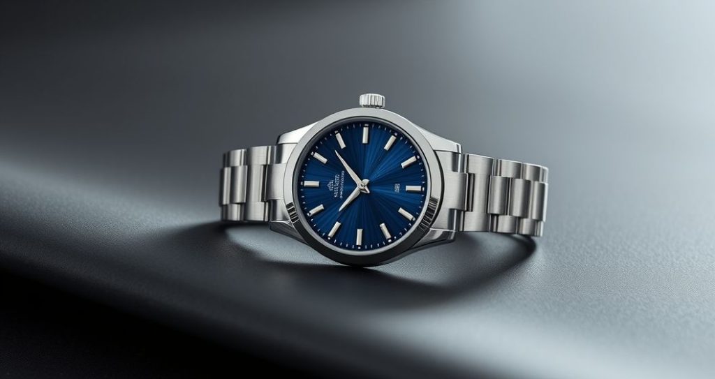 AI generated (Gemini + Flux) featured image for: Lüks Erkek Saat Modasında Eta: Otomatik ve Çelik Şıklık (Prompt: A high resolution product photography image showing a luxurious men's automatic watch. The timepiece)