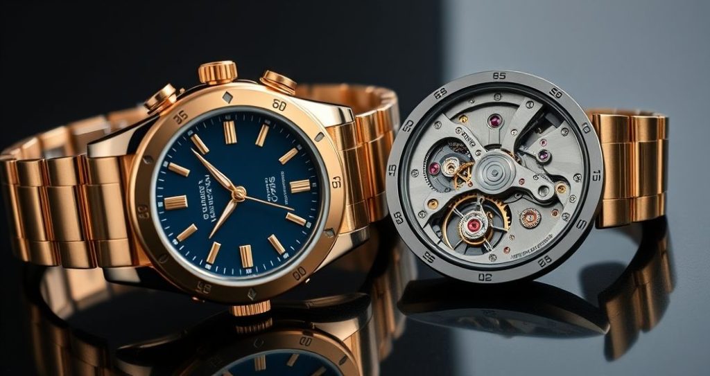 AI generated (Gemini + Flux) featured image for: Lüks Erkek Saatleri ve İsviçre Mekanizması: Eta’nın Mirası (Prompt: A high resolution, sophisticated studio shot showing a luxurious men's wristwatch with a polished go)