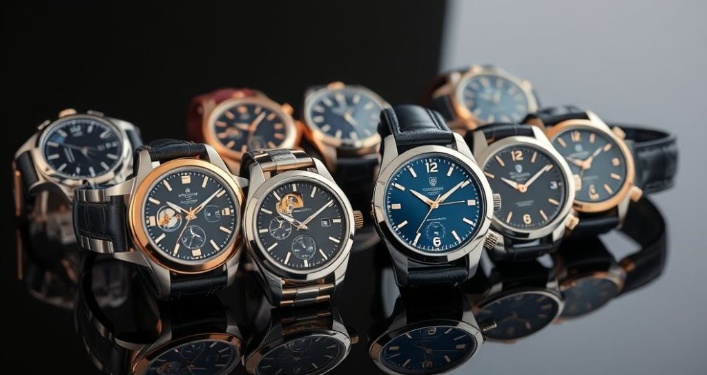 AI generated (Gemini + Flux) featured image for: Lüks Otomatik Saat Koleksiyonculuğu: Eta Mekanizmalı Replika Seçenekleri (Prompt: A high end product photography image showing a curated collection of luxury automatic watches, some )