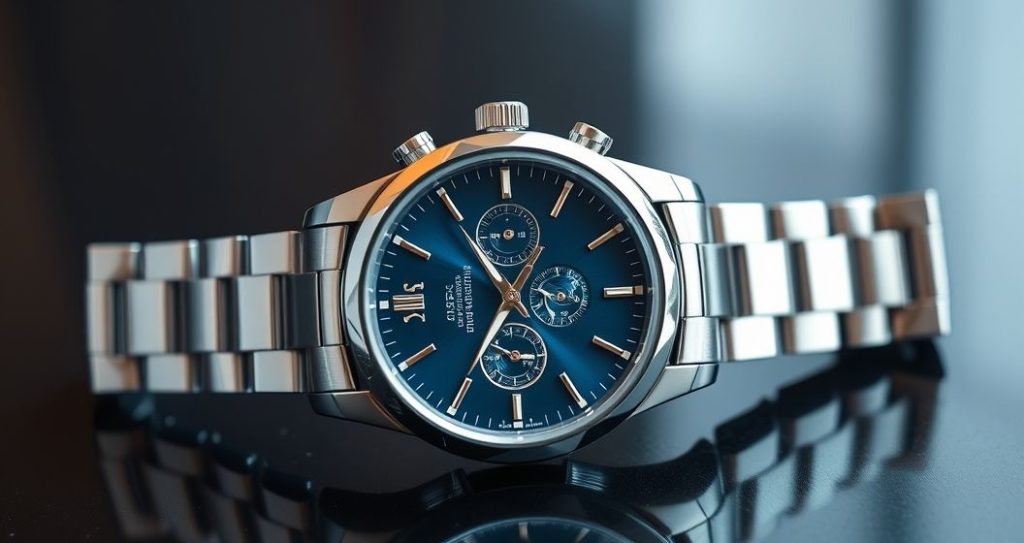 AI generated (Gemini + Flux) featured image for: Lüks Otomatik Saat Koleksiyonuna Başlangıç: Safir Camın Önemi (Prompt: A luxurious product photography image showing a pristine automatic wristwatch. Its sapphire crystal )