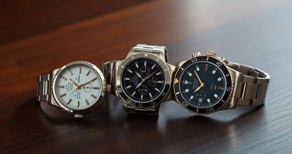 AI generated (Gemini + Flux) featured image for: Lüks Saat Koleksiyonculuğu: Yatırım ve Bakım Rehberi (Prompt: An **elegant, high resolution still life photograph** showcasing a **curated collection of three dis)