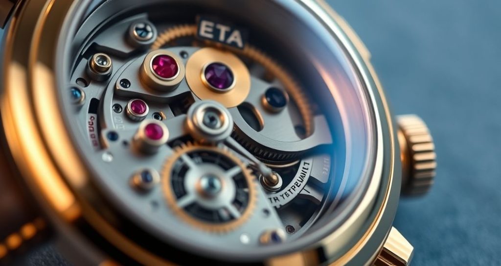 AI generated (Gemini + Flux) featured image for: Lüks Saatlerde ETA Mekanizması: Kalite ve Koleksiyon Değeri (Prompt: A photorealistic, editorial macro image showing an intricately detailed, exposed ETA automatic watch)