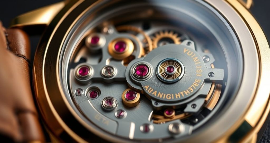 AI generated (Gemini + Flux) featured image for: Lüks ve Dayanıklılık: Otomatik Eta Saatlerdeki Sır (Prompt: A highly detailed, macro photograph showing the intricate automatic ETA watch movement, partially vi)
