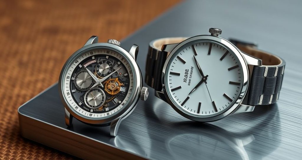 AI generated (Gemini + Flux) featured image for: OTOMATİK Mİ QUARTZ MI? GÜNLÜK KULLANIM İÇİN EN İYİ SEÇİM (Prompt: A high detail, studio product photography style image showing two distinct wristwatches. One is an o)