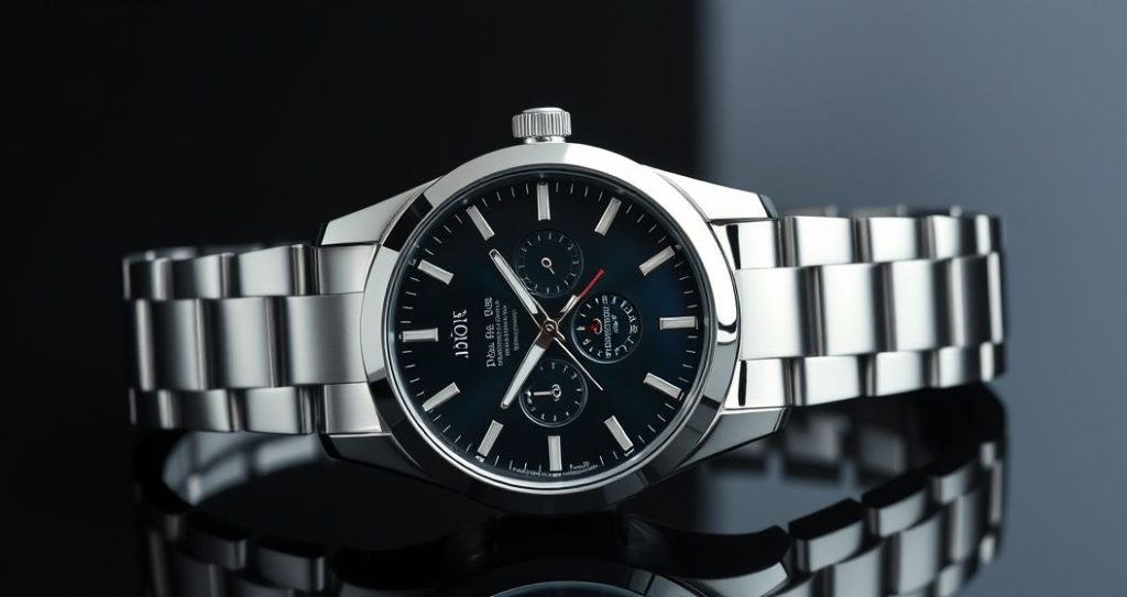 AI generated (Gemini + Flux) featured image for: Otomatik Lüks Erkek Saatleri: Eta ve Çelik Kasa Uyumu (Prompt: A professional product photography image showing a sleek, luxurious automatic men's watch with a hig)