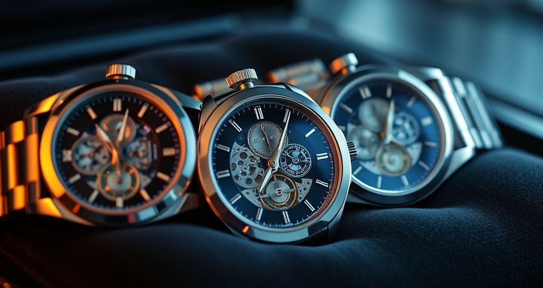 AI generated (Gemini + Flux) featured image for: Otomatik Lüks Saatler: Koleksiyonculuk ve Prestij (Prompt: A hyperrealistic, cinematic studio shot showing a close up of several automatic luxury watches. Intr)