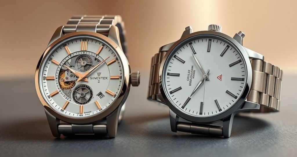 AI generated (Gemini + Flux) featured image for: Otomatik mi Quartz mı? Günlük Kullanım ve Bakım Rehberi (Prompt: A **high resolution, studio product photography** image showing **two distinct luxury wristwatches s)