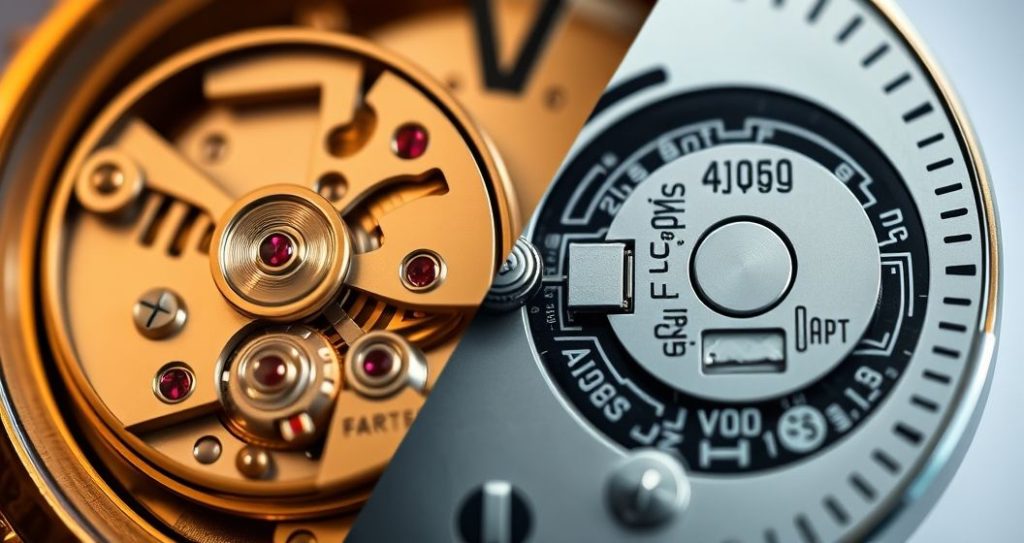AI generated (Gemini + Flux) featured image for: Otomatik mi Quartz mı? Saat Mekanizmalarının Farkları (Prompt: A high fidelity, macro photography style image showing two distinct watch movements, elegantly divid)