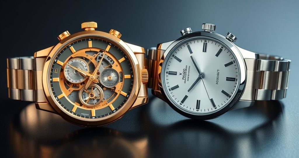AI generated (Gemini + Flux) featured image for: Otomatik mi Quartz mı? Saat Seçiminde Kritik Farklar (Prompt: A high resolution, professional studio still life image showing two distinct wristwatches side by si)
