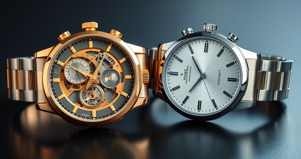 AI generated (Gemini + Flux) featured image for: Otomatik mi Quartz mı? Saat Seçiminde Kritik Farklar (Prompt: A high resolution, professional studio still life image showing two distinct wristwatches side by si)