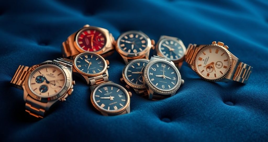 AI generated (Gemini + Flux) featured image for: Prestijli Saat Dünyasına Adım: Yüksek Kalite Replika Saatler ve Koleksiyonculuk (Prompt: A **luxurious, high definition product photography** image showing **several exquisitely crafted rep)