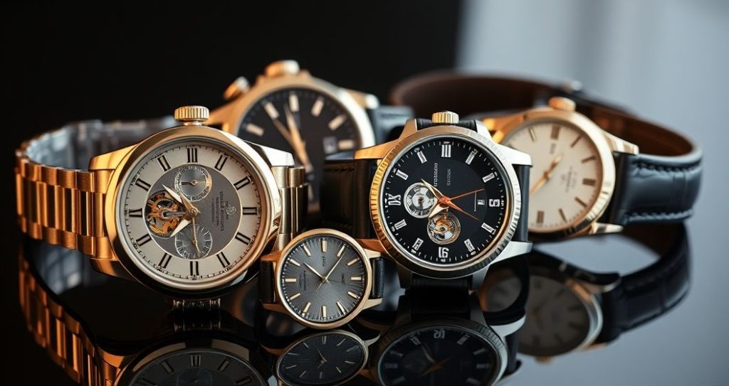 AI generated (Gemini + Flux) featured image for: Prestijli Saat Koleksiyonu: Otomatik Mekanizma ve Kalite Seçimi (Prompt: A high end product photography image showing a collection of luxurious automatic watches. One watch )