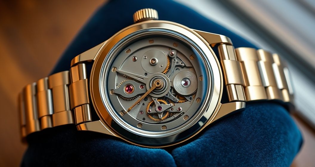 AI generated (Gemini + Flux) featured image for: Replika Saat Koleksiyonculuğu: ETA Mekanizmalı Prestij (Prompt: A high detail, luxurious product photograph of a premium replica watch. The intricate ETA mechanical)