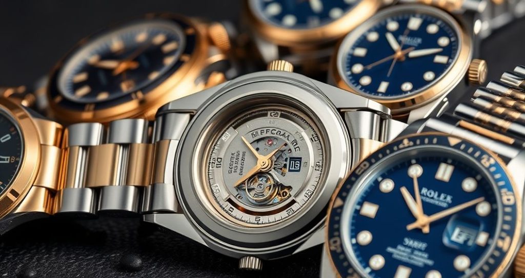 AI generated (Gemini + Flux) featured image for: Replika Saat Koleksiyonculuğu: ETA Mekanizmalı Yüksek Kalite Saatlerin Sırrı (Prompt: A **macro photography, high detail** image showing **a collection of high quality luxury watches**, )