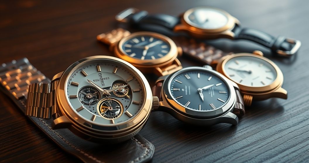 AI generated (Gemini + Flux) featured image for: Replika Saat Koleksiyonculuğu: İsviçre Mekanizmasının Gücü (Prompt: A high resolution, hyperrealistic luxury product photography image showing a meticulously arranged c)