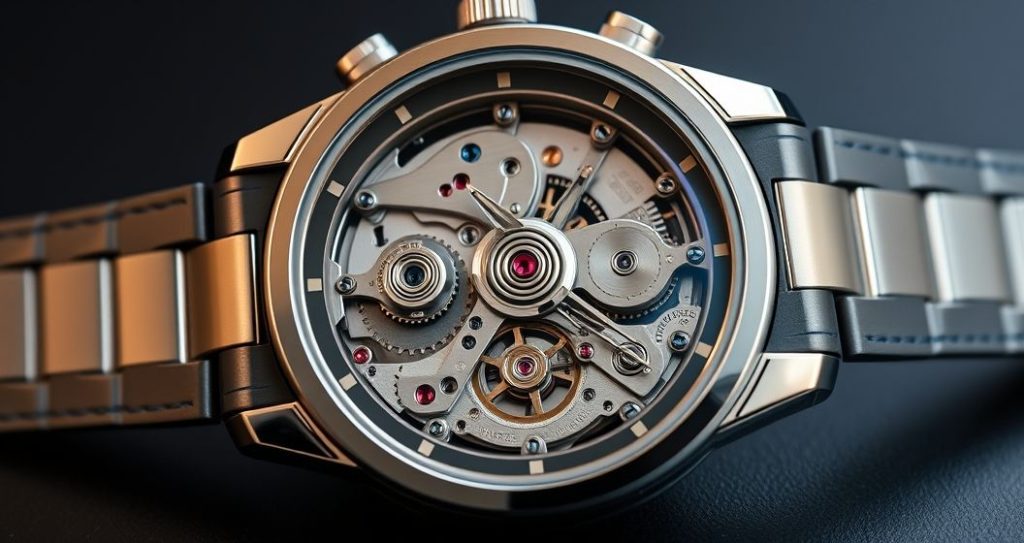 AI generated (Gemini + Flux) featured image for: Replika Saat ve ETA: Yüksek Kalite Erkek Saat Modasına Yön Veren İsviçre Mekanizması (Prompt: A hyper realistic studio product photography image showing a high end men's automatic watch with its)