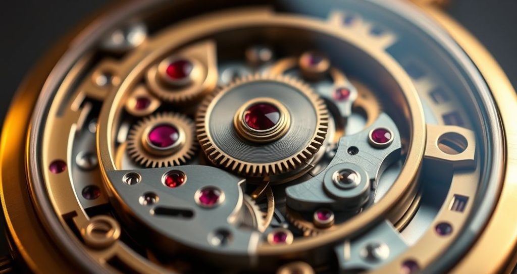 AI generated (Gemini + Flux) featured image for: Replika Saatlerde ETA Gücü: Kalite ve Uzun Ömür Sırları (Prompt: A luxurious, highly detailed macro photograph showing an intricate mechanical watch movement. Promin)