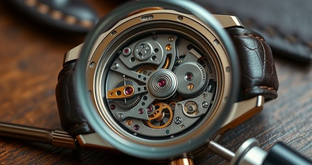 AI generated (Gemini + Flux) featured image for: Replika Saatlerde ETA Mekanizması: Kalite ve Koleksiyonculuk Sırları (Prompt: A hyper realistic macro photograph showing a high quality replica watch with its back open, revealin)