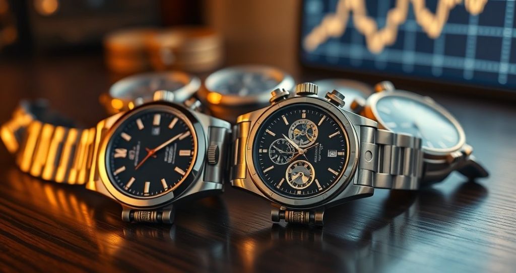 AI generated (Gemini + Flux) featured image for: Saat Koleksiyonculuğu: ETA Mekanizmalı Yatırım Potansiyeli (Prompt: A hyperrealistic, detailed close up image showing a collection of high end wristwatches meticulously)