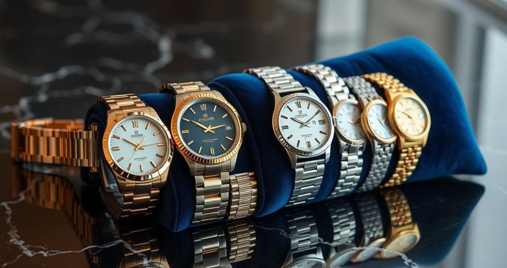 AI generated (Gemini + Flux) featured image for: Saat Koleksiyonculuğu: Limitli Üretim ve Yüksek Kalite Replika Saatler (Prompt: A hyperrealistic, luxurious product photography image showing a meticulously arranged collection of )