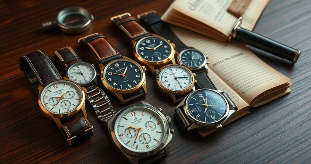 AI generated (Gemini + Flux) featured image for: Saat Koleksiyonculuğu: Vintage ve Yatırım Değeri (Prompt: A **luxurious, high definition still life** image showing **several meticulously arranged vintage wr)