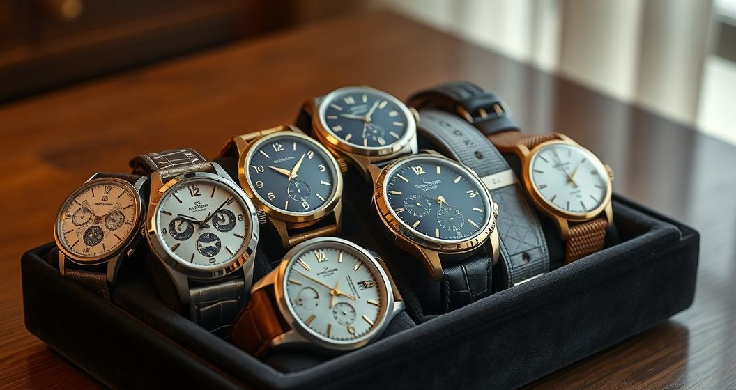 AI generated (Gemini + Flux) featured image for: Saat Koleksiyonculuğunda Vintage & Limitli Üretimler (Prompt: A sophisticated, hyperrealistic still life image showing an elegant arrangement of several vintage a)