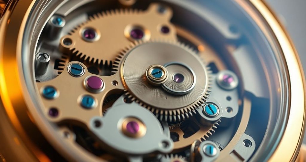 AI generated (Gemini + Flux) featured image for: Saat Mekanizmalarının Sırları: Otomatik ve ETA Gücü (Prompt: A **hyperrealistic macro photography** image showing **the intricate internal mechanism of an automa)