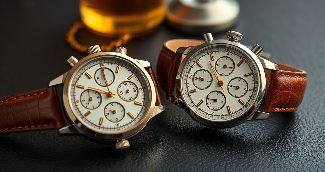 AI generated (Gemini + Flux) featured image for: Vintage Kronograf Saatler: Lüks Erkek Koleksiyonunun Kalbi (Prompt: A **luxurious still life** image showing two meticulously arranged vintage chronograph watches featu)