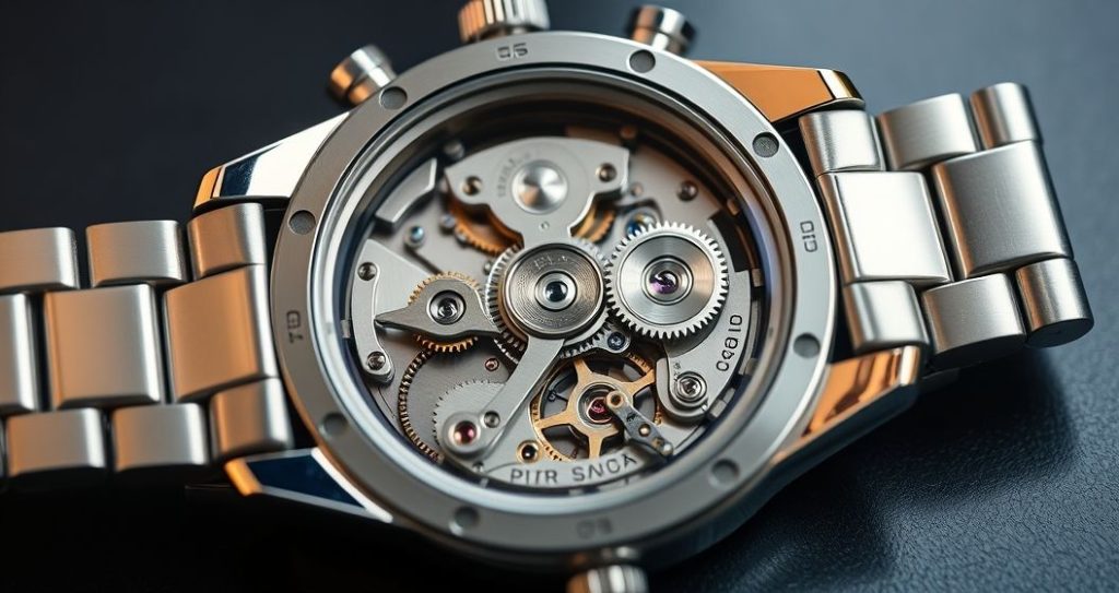 AI generated (Gemini + Flux) featured image for: Yüksek Kalite Omega Replika: İsviçre Mekanizması ve Bakım (Prompt: A **luxurious, detailed product photography** image showing a **high quality replica watch** with it)