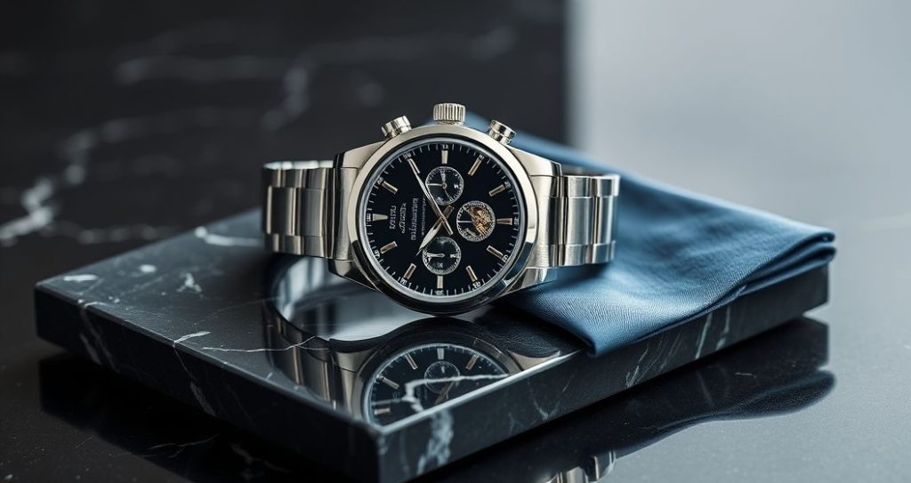 AI generated (Gemini + Flux) featured image for: Yüksek Kalite Omega Replika Saat: Lüks ve Modaya Uyum (Prompt: A **high end product photography** image showing a meticulously detailed luxury replica watch, gleam)