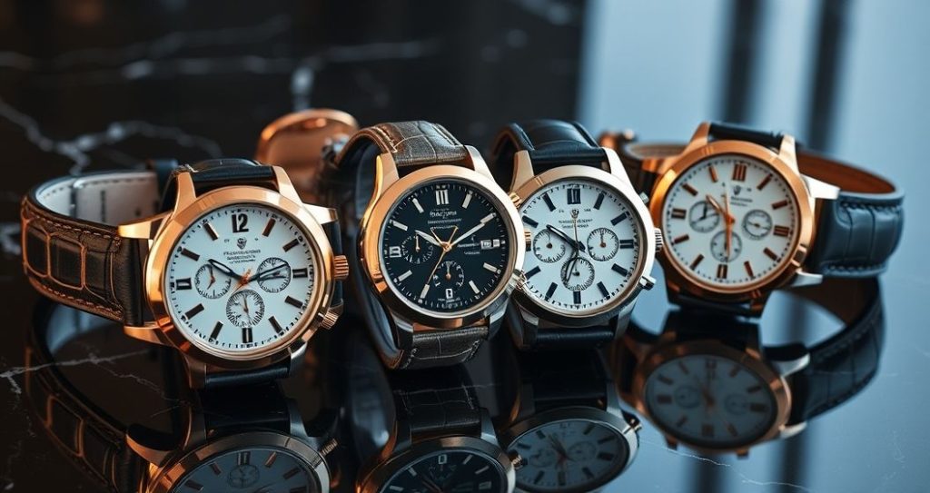 AI generated (Gemini + Flux) featured image for: Yüksek Kalite Replika Eta Saatler: Lüks Koleksiyonculuğa Giriş (Prompt: A high end product photography image showing several luxury replica watches, featuring intricate dia)