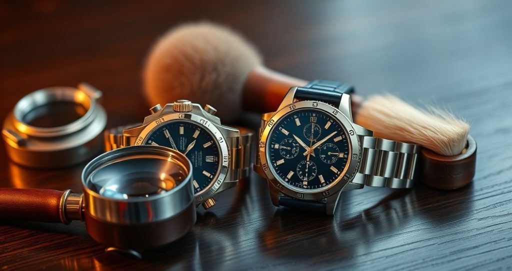 AI generated (Gemini + Flux) featured image for: Yüksek Kalite Replika Saat Seçimi: Koleksiyoncu Rehberi (Prompt: A **luxurious product photography** image showing **two to three exquisitely crafted replica watches)