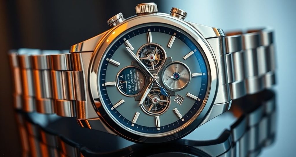 AI generated (Gemini + Flux) featured image for: Yüksek Kalite Replika Saatler: ETA Mekanizmalı Lüks Koleksiyon (Prompt: A luxurious, photorealistic product photography image showing a high end replica watch featuring an )