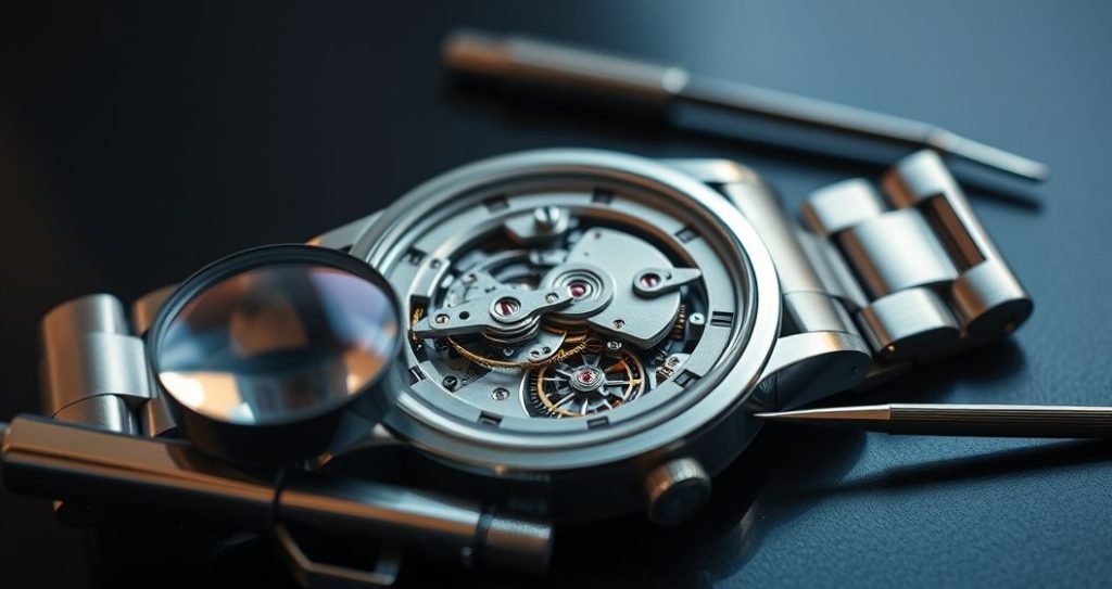 AI generated (Gemini + Flux) featured image for: Yüksek Kalite Replika Saatler: ETA Mekanizması ve Bakım Sırları (Prompt: A macro studio photograph showing a sophisticated replica watch, partially disassembled to reveal it)