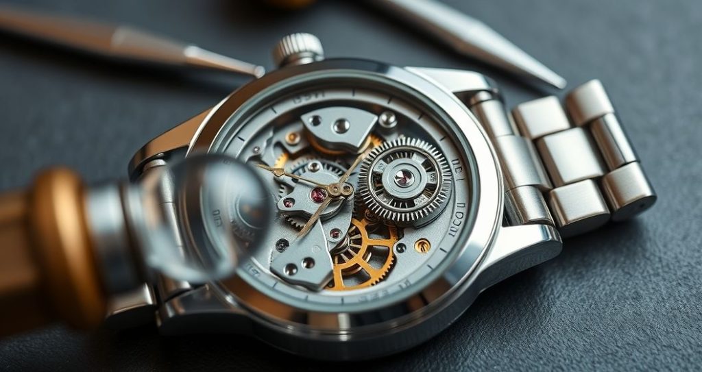 AI generated (Gemini + Flux) featured image for: Yüksek Kalite Replika Saatler: ETA Mekanizması ve Bakımı (Prompt: A **macro photography** image showing an open luxury replica watch, its intricate ETA movement promi)