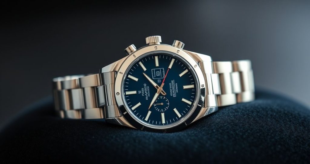AI generated (Gemini + Flux) featured image for: Yüksek Kalite Replika Saatler: ETA Mekanizması ve Koleksiyonculuk (Prompt: A luxurious studio product photography image showing a single, meticulously crafted replica watch. T)