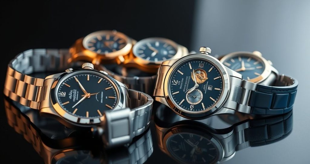 AI generated (Gemini + Flux) featured image for: Yüksek Kalite Replika Saatler: Koleksiyonculuğa Giriş ve Eta Farkı (Prompt: A photorealistic studio shot image showing a meticulously arranged collection of high end replica wa)
